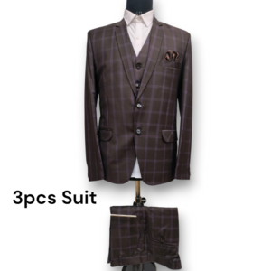 Check Pattern Men’s Suit – 3-Piece Set (Brown)